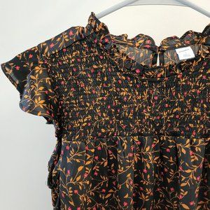 Old Navy black and red floral print ruffle neck blouse